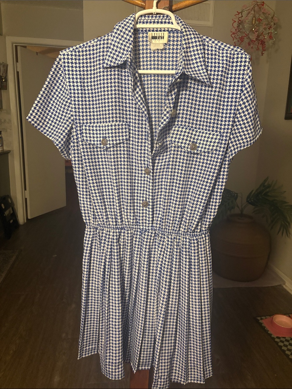 Leslie Fay Blue and White Houndstooth Shirt Dress